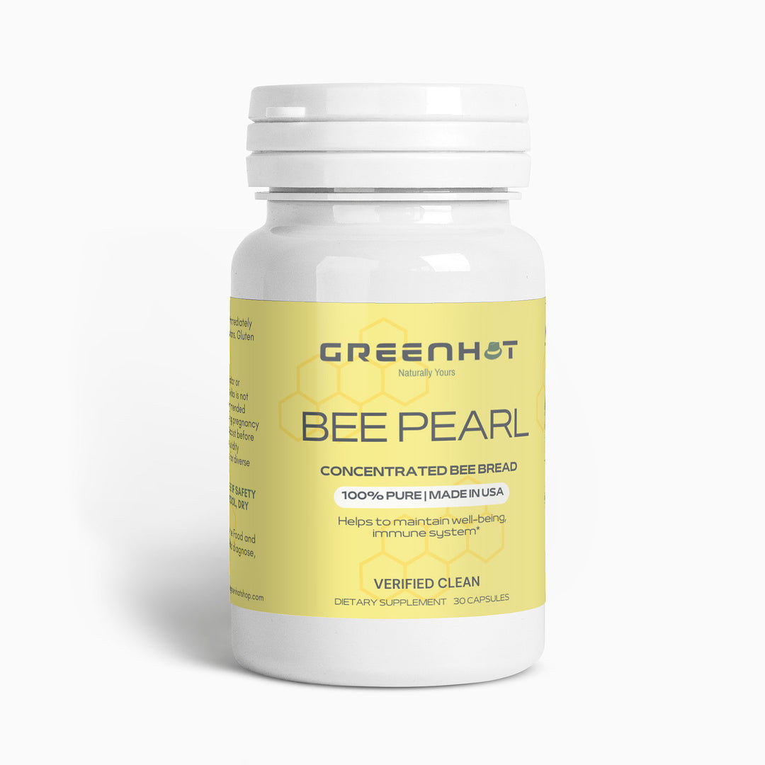 A white bottle labeled "Greenhat Bee Pearl" containing Nature's Nutrient-Rich Superfood dietary supplement capsules, with yellow accents and text highlighting it's made in the USA.