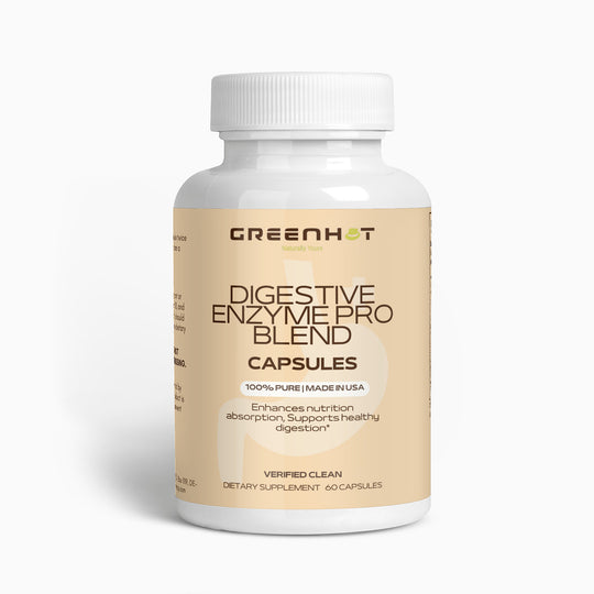 Bottle of Digestive Enzyme Pro Blend supplements from GreenHat, labeled as enhancing nutrient absorption and supporting gut health, set against a white background.