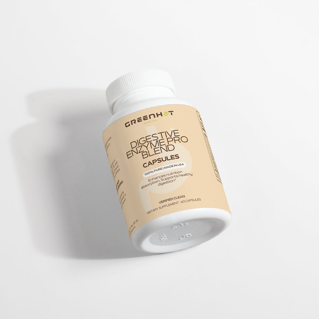 A bottle of GreenHat Digestive Enzyme Pro Blend supplements in the form of green capsules on a white background with the label facing forward.
