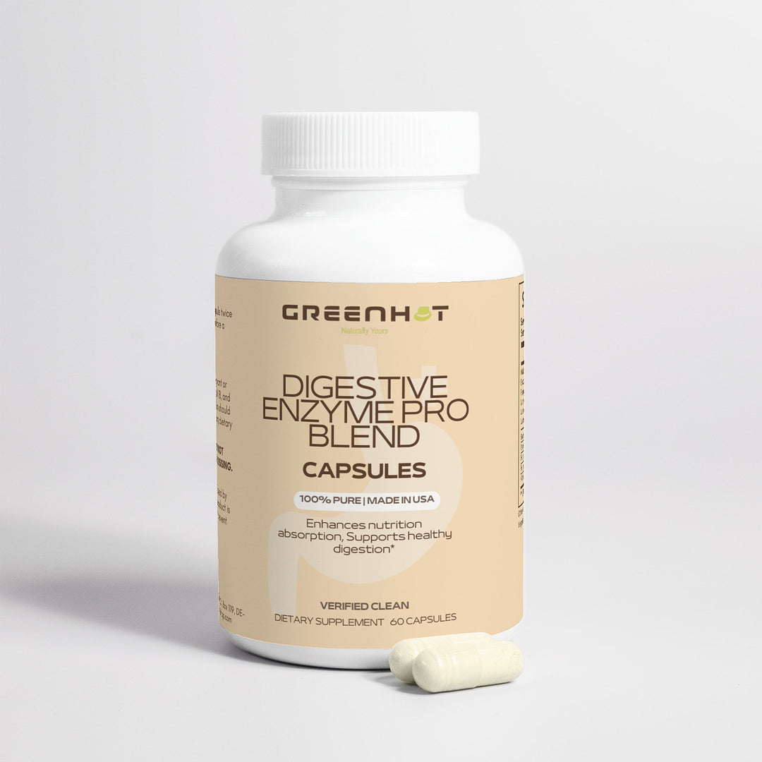 A bottle of GreenHat Digestive Enzyme Pro Blend capsules against a plain light background, with two capsules in front of it.