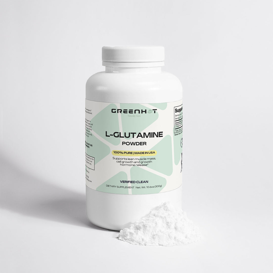 A container of GreenHat L-Glutamine Powder for muscle recovery with some powder spilled in front, against a white background.