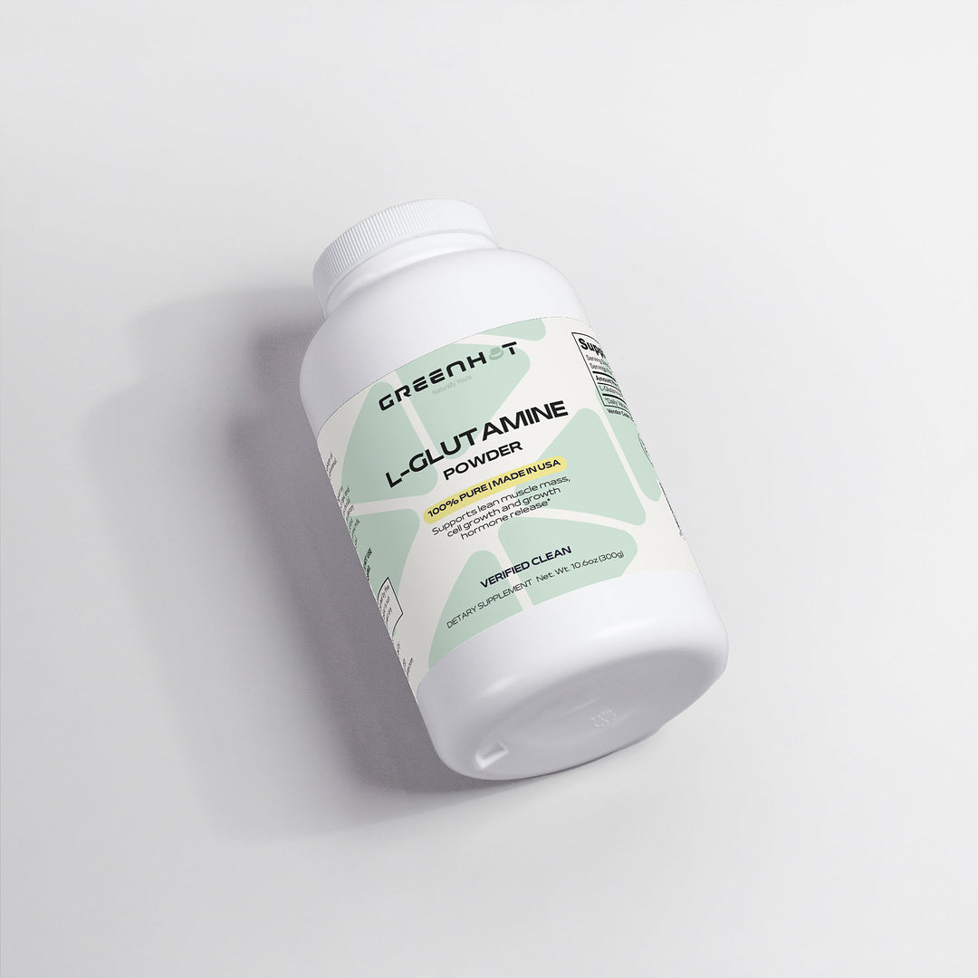White bottle of GreenHat L-Glutamine Powder for muscle recovery on a light gray background.