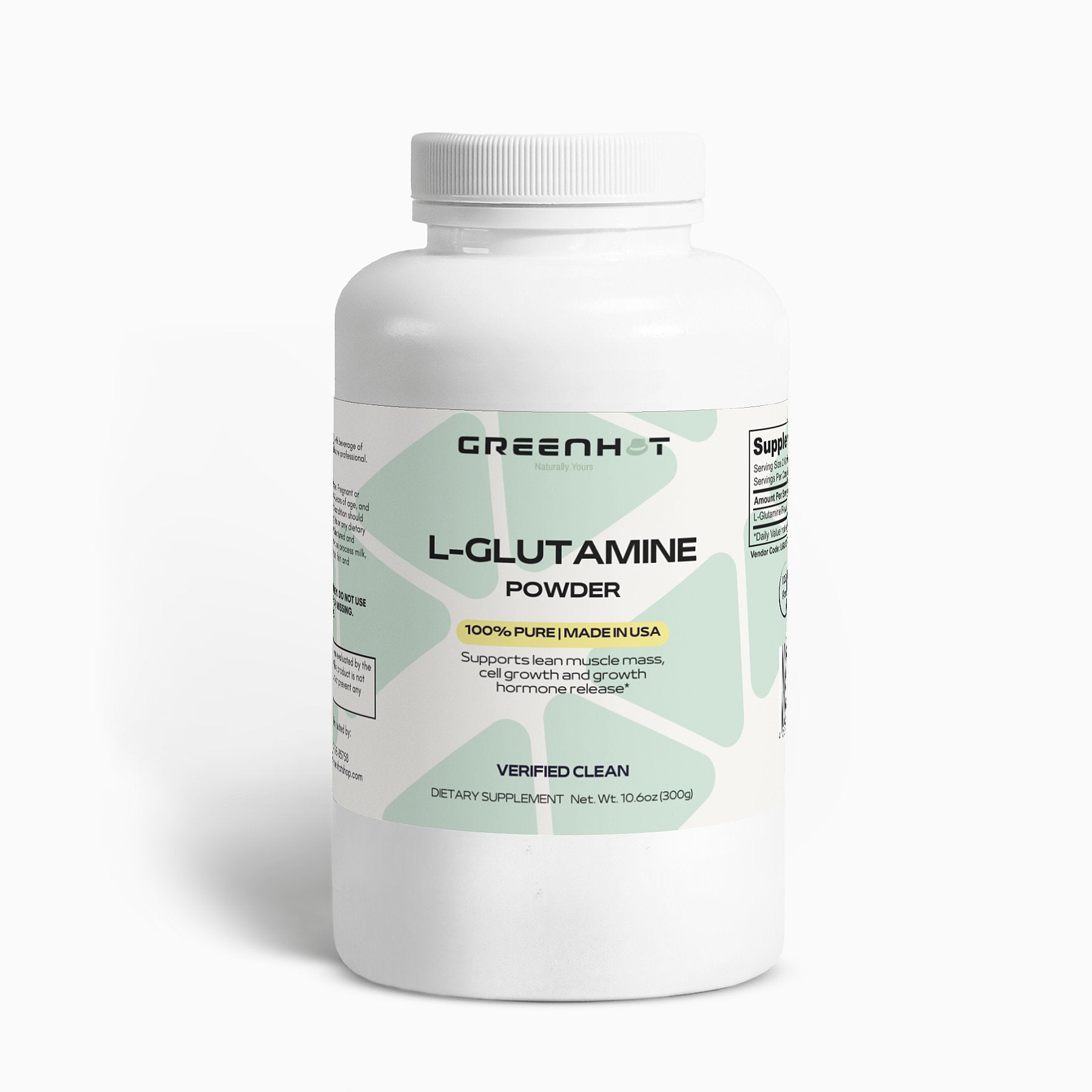 White supplement bottle labeled "GreenHat L-Glutamine Powder" for muscle recovery against a plain background.