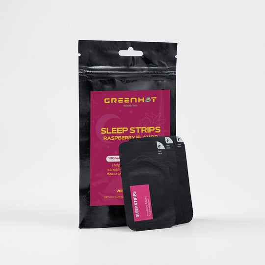 Black and pink packaging labeled "Restful Sleep sleep strips raspberry flavor" displayed against a white background.
