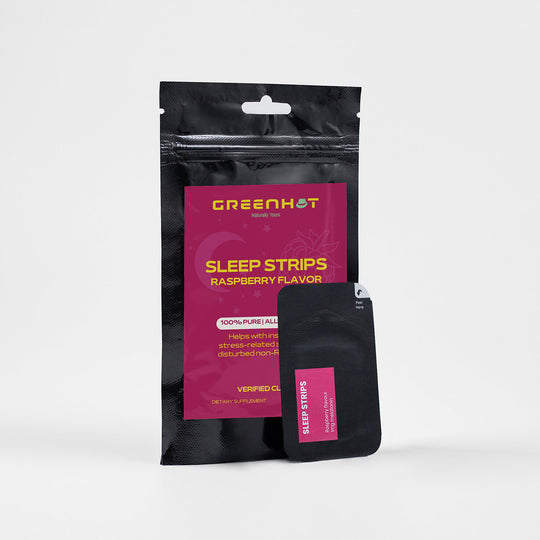 Package of GreenHat Restful Sleep Strips in raspberry flavor, presented against a plain background, highlighting its "100% pure all-natural" and "vetted for safety" labels.