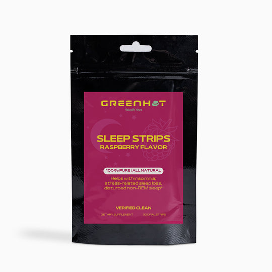 A stand-up pouch of "Restful Sleep - Sleep Strips" in raspberry flavor, designed to provide insomnia relief, featuring bold pink labeling and product information about its natural ingredients and health benefits by GreenHat.
