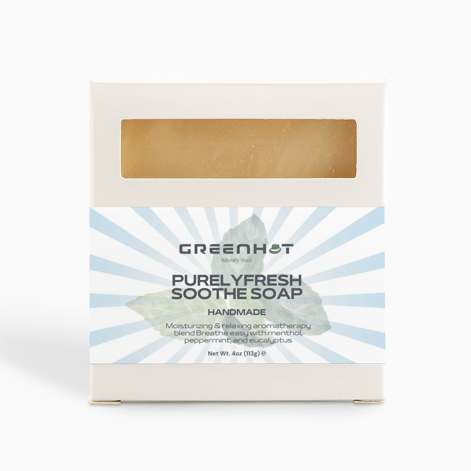 A box of PurelyFresh Soothe Soap by GreenHat featuring a minimalist design with a white and teal label, displayed against a white background. This moisturizing soap is made with natural ingredients.