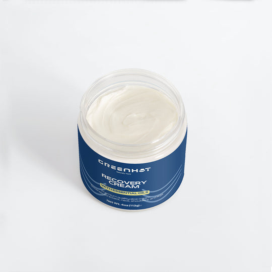 Open jar of premium GreenHat Recovery Cream labeled "ceramist recovery cream" on a plain white background.