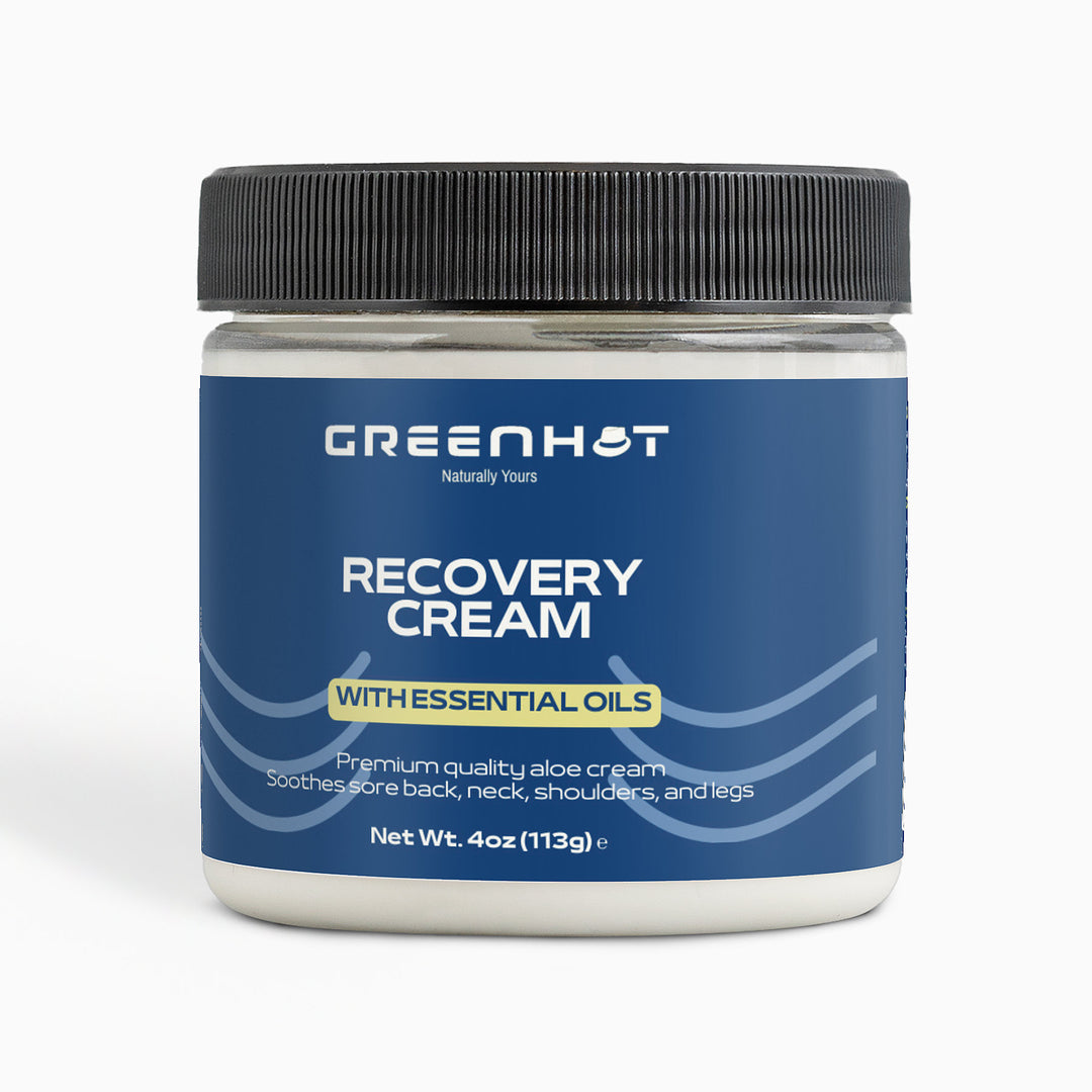 A jar of premium GreenHat Recovery Cream with essential oils, 4oz, isolated on a white background.