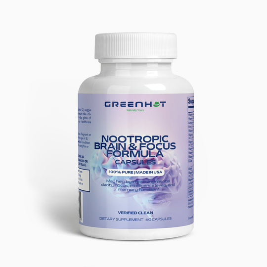 A bottle of GreenHat Nootropic Brain & Focus Formula capsules designed to enhance cognitive function and mental clarity, displayed on a white background.