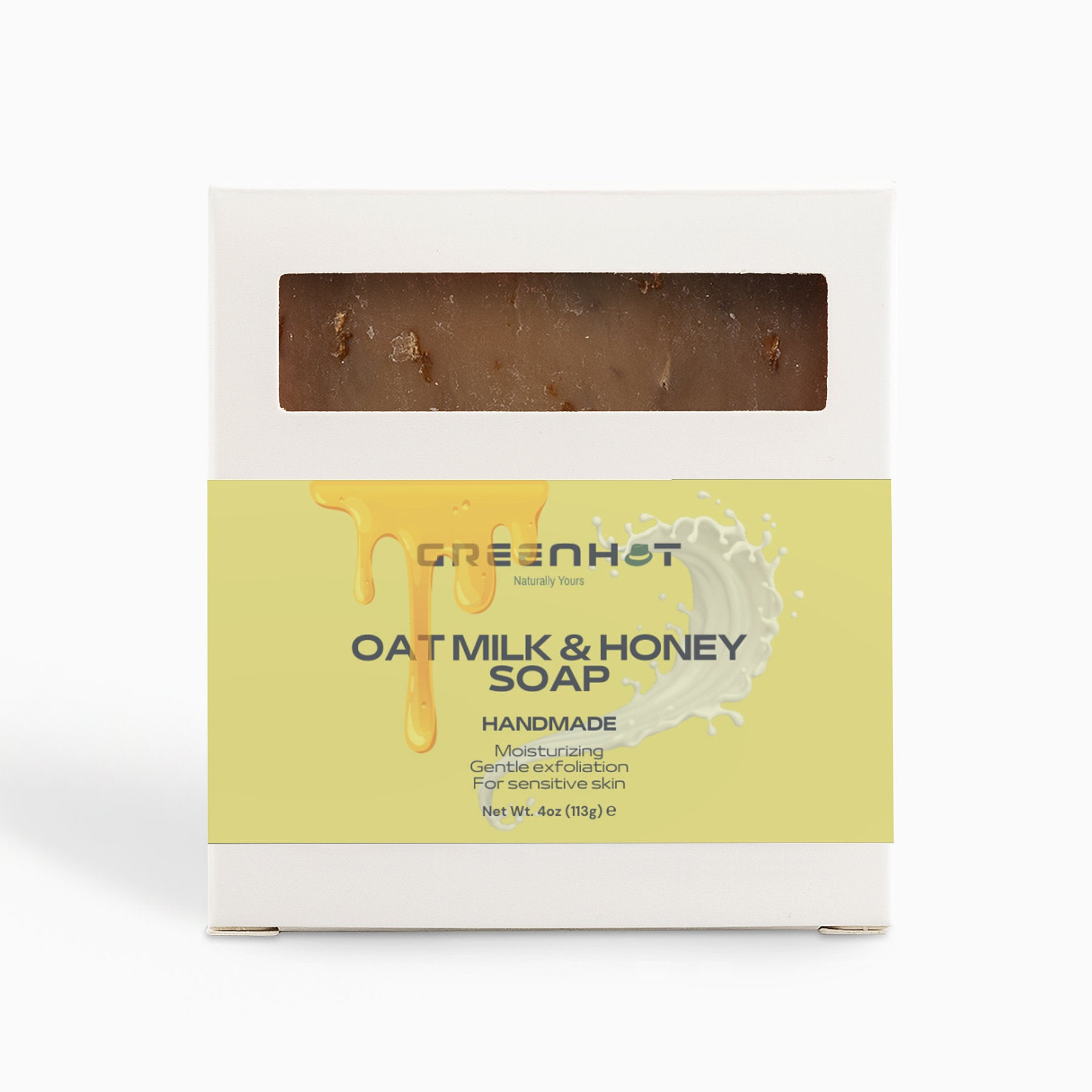 A box of GreenHat's Oat Milk Honey Soap, labeled as gentle for sensitive skin, with a visible brown soap bar at the top.