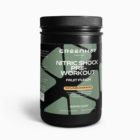 Black container of GreenHat Nitric Shock Pre-Workout Powder (Fruit Punch) labeled as clean and pure, isolated on white background.