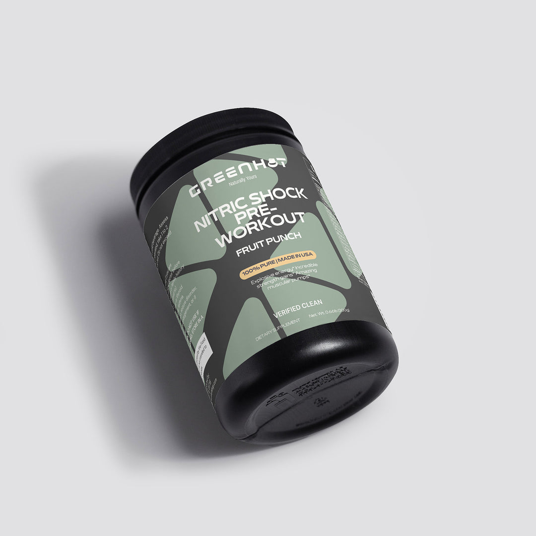 A container of GreenHat Nitric Shock Pre-Workout Powder in fruit punch flavor, displayed on a light grey background, designed to enhance athletic performance.