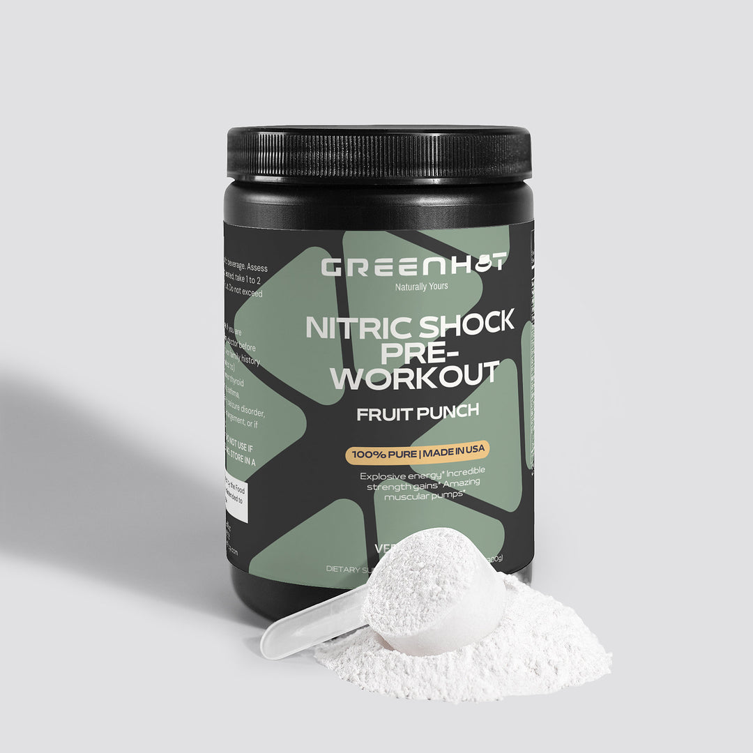 A container of GreenHat Nitric Shock Pre-Workout Powder in fruit punch flavor with a scoop of powder spilled in front.