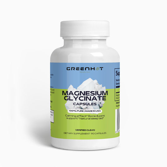 A bottle of GreenHat magnesium glycinate capsules, labeled as a calming, muscle relax and joint support supplement, with a mountain graphic in the background.