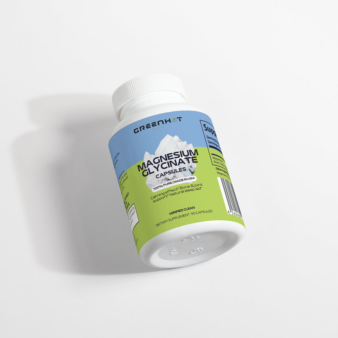 A bottle of GreenHat Magnesium Glycinate capsules for muscle relax on a white background.