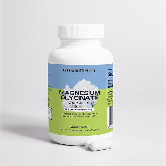 A bottle of GreenHat Magnesium Glycinate capsules for muscle relax on a white background, label facing front.