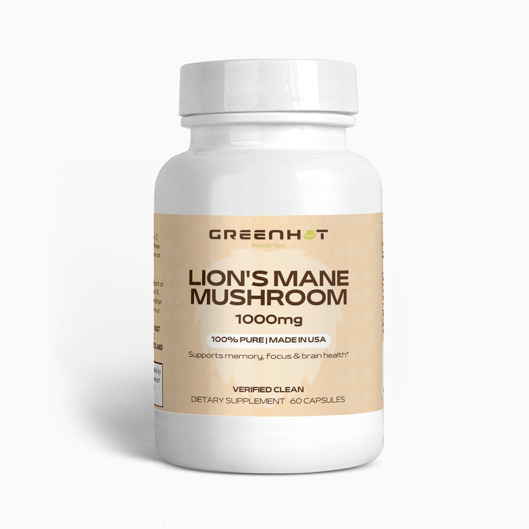 Bottle of GreenHat Lion's Mane Mushroom - Cognitive Enhancement dietary supplement, 1000mg, with text stating it supports memory, focus, and cognitive enhancement.
