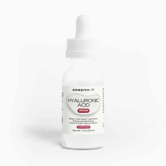 A bottle of GreenHat Hyaluronic Acid Serum against a white background.