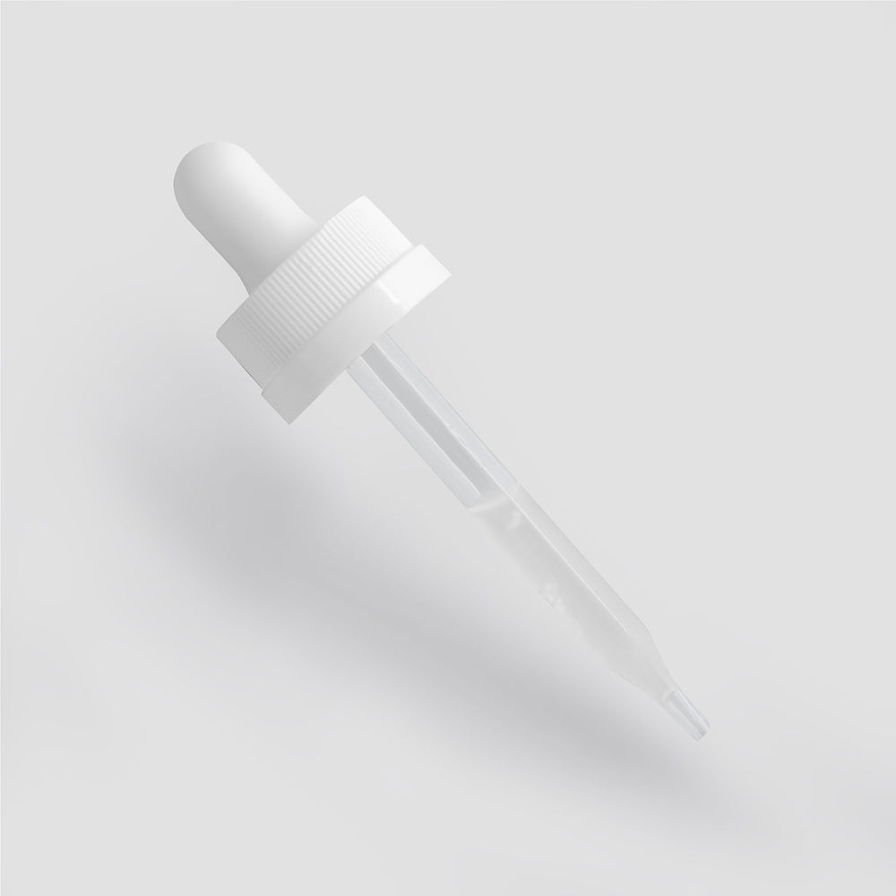 A GreenHat white dropper containing Hyaluronic Acid Serum against a light gray background, emphasizing the dropper's clean design and simplicity.