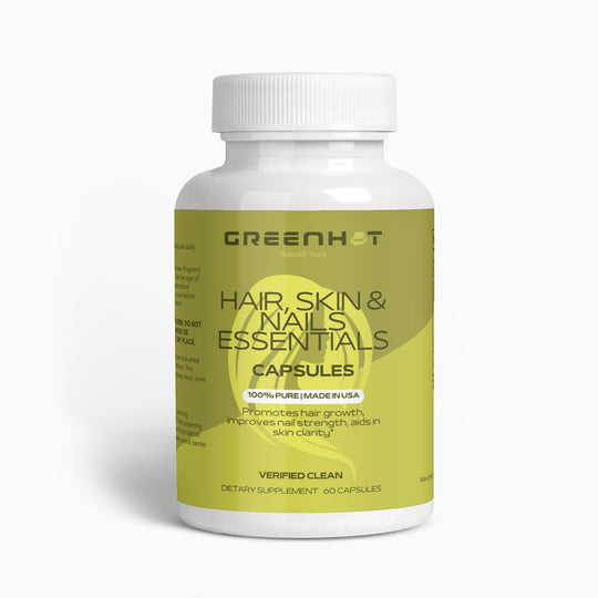 A bottle of GreenHat Brand Hair, Skin and Nails Essentials Capsules, labeled as a 100% pure natural beauty elixir, made in USA, with claims to improve hair growth and radiant skin.