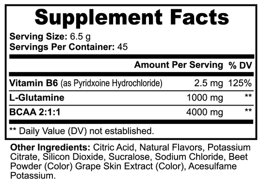 Label showing 'supplement facts' with servings per container, and details of vitamin and supplement content like vitamin b6, l-glutamine, and GreenHat BCAA Post Workout Powder (Honeydew/Watermelon) with respective quantities and daily values.
