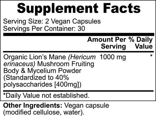 Label showing supplement facts for GreenHat Lion's Mane Mushroom - Cognitive Enhancement capsules with details on dosage, ingredients, and serving size for cognitive enhancement.