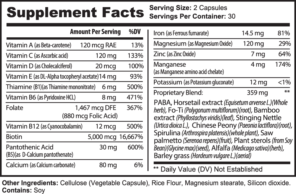 Nutritional label showing serving size, daily values, and ingredients for GreenHat's Hair, Skin and Nails Essentials dietary supplement aimed at radiant skin. Includes vitamins, minerals, and proprietary blend details.