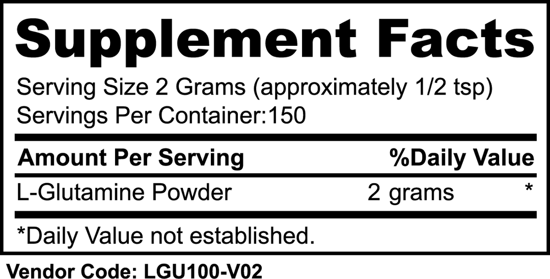 Label displaying supplement facts for GreenHat L-Glutamine Powder, including serving size, servings per container, and percentage daily value information for muscle recovery.