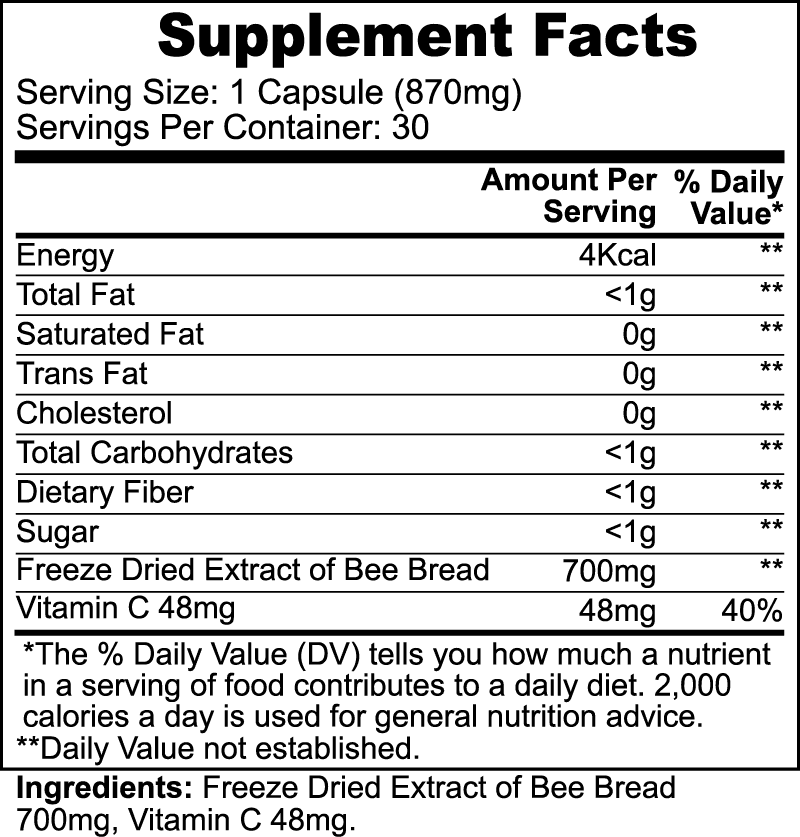 Image shows a nutritional label for GreenHat's Bee Pearl - Nature's Nutrient-Rich Superfood dietary supplement, listing serving size, calories, various nutrients, and a breakdown of ingredients including concentrated bee bread.
