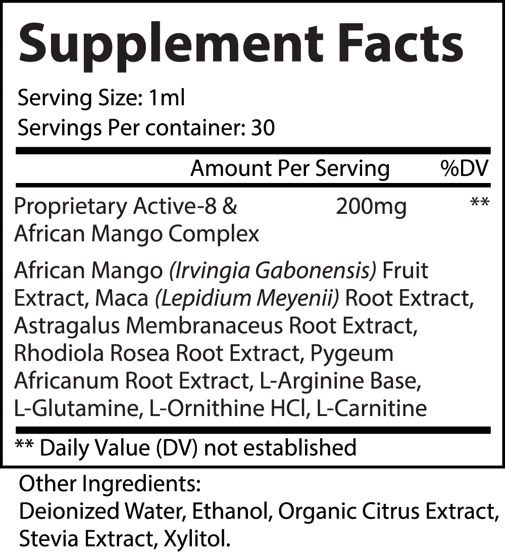 Label displaying GreenHat Diet Drops Ultra 1 oz supplement facts, including serving size and ingredients like african mango extract, l-ornithine, and metabolism-supporting herbs, with percentage daily values not established.