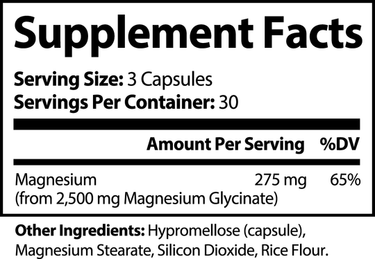 Label showing supplement facts for GreenHat Magnesium Glycinate with serving size, servings per container, and nutrient amounts including magnesium glycinate, along with other ingredients listed.